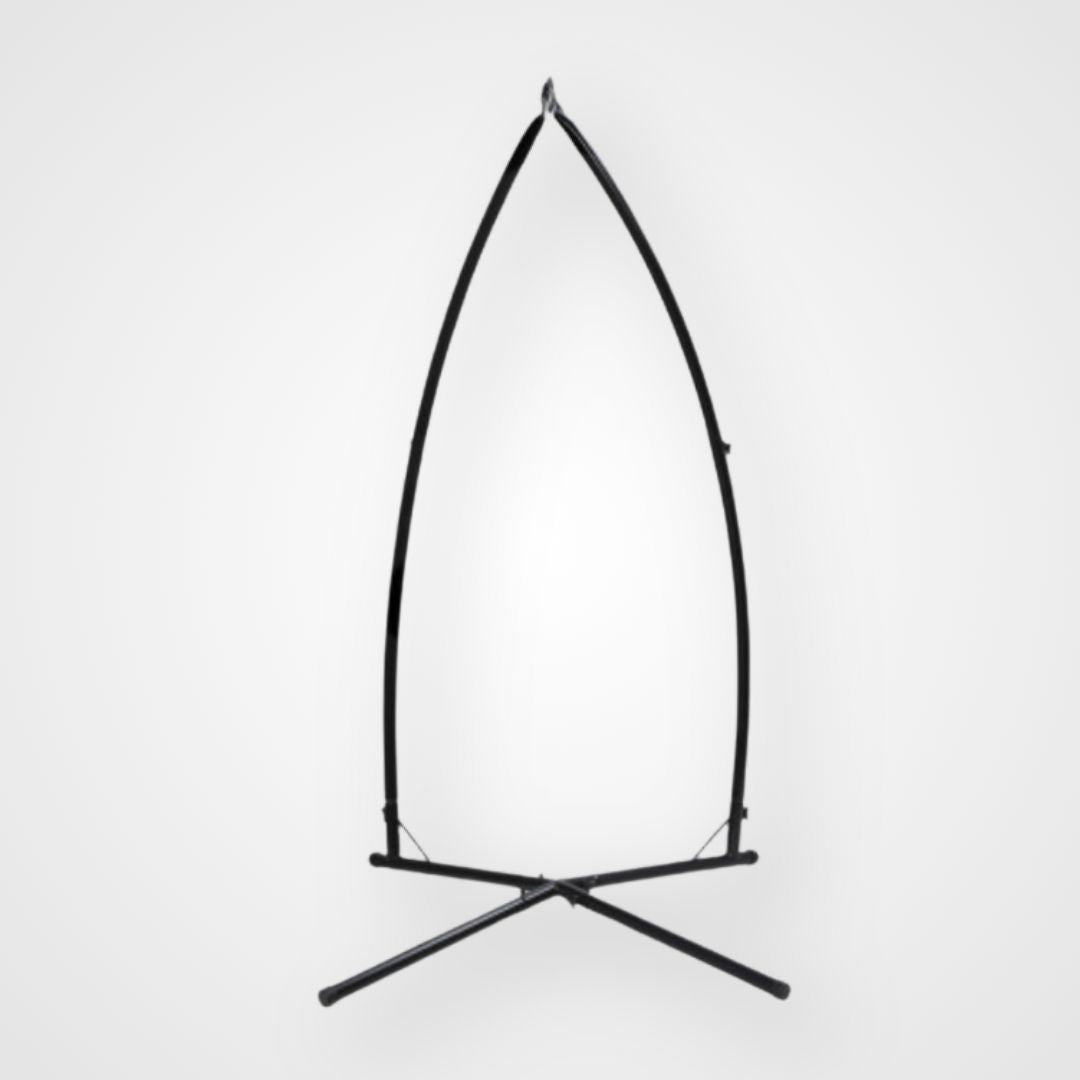 A freestanding, portable swing stand with a curved top and a cross-shaped base, designed for supporting therapy swings or hammock chairs. Freestanding therapy frame with stable base – versatile support structure for swings, hammock chairs, or movement-based tools.