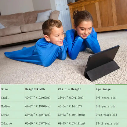 Child resting inside lycra body sock – tool supporting calming pressure, focus, and coordination during quiet time or play.